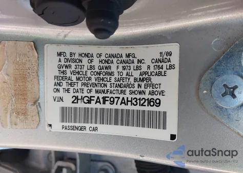 2010 Honda Civic Ex-L из США, поврежденный, VIN 2HGFA1F97AH312169